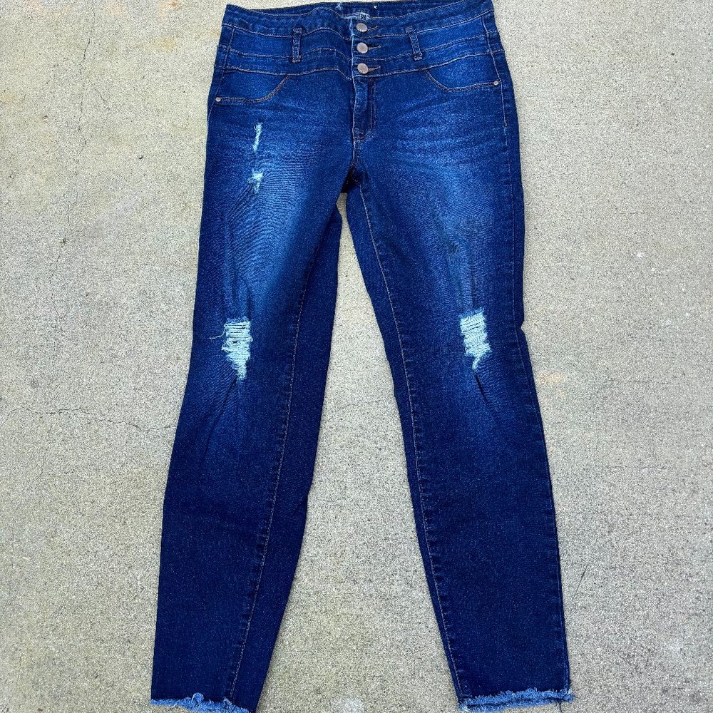 Refuge High Waist Skinny 3 Button Stretch Distressed Denim Jeans Size 31x27